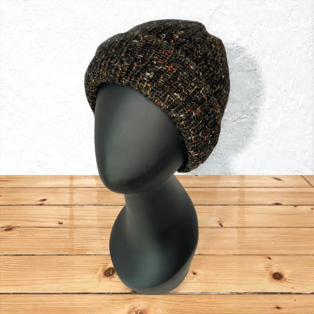 Handmade Charcoal Black Tweed Beanie – Cozy Cotton & Alpaca Blend – Unisex Hat